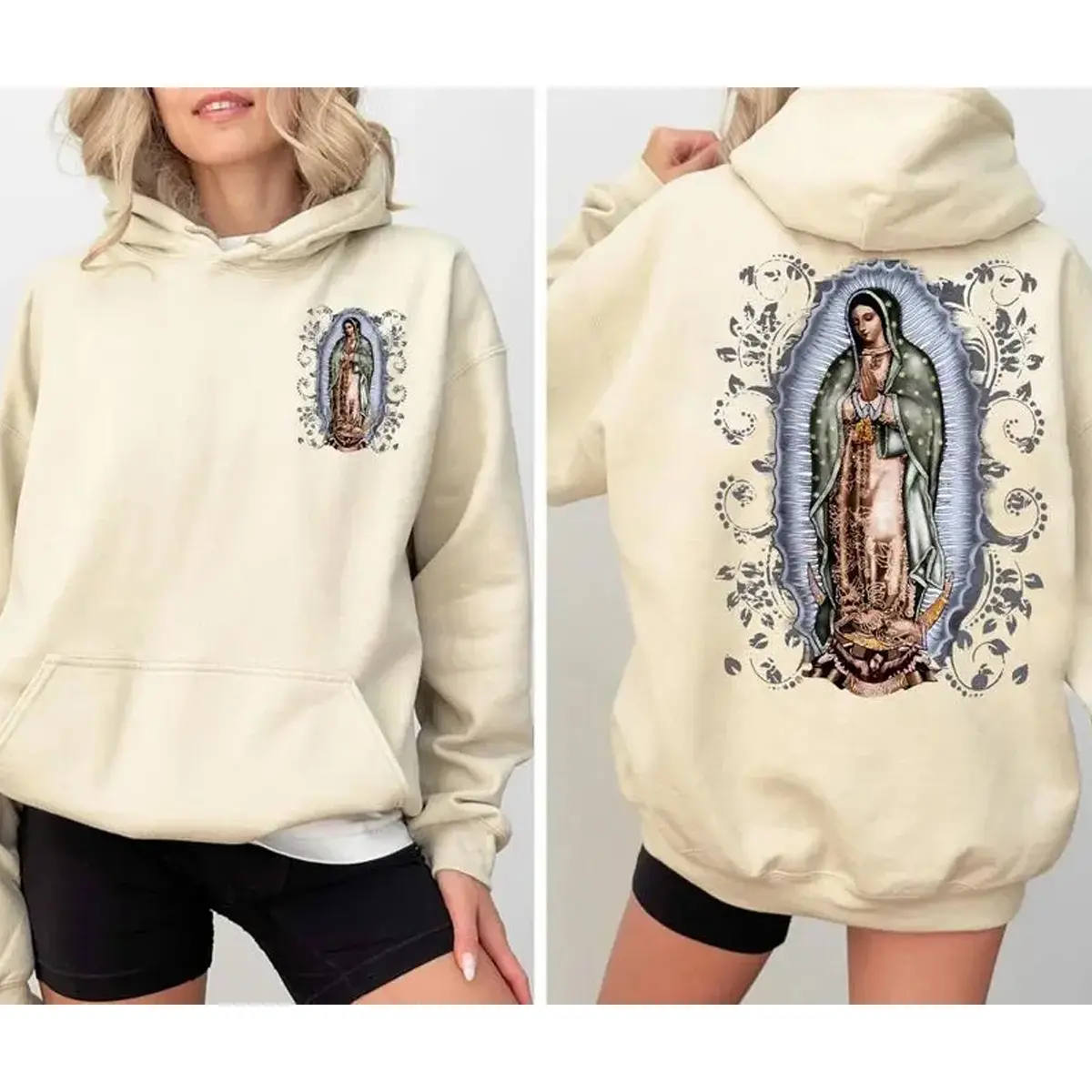 Silver Glitter Virgin Mary Guadalupe Hoodie, Catholic Religious Pullover with Sparkling Back Graphic, Premium Christian Hoodie, Faith-Based Holiday Gift for Men and Women– Made in USA