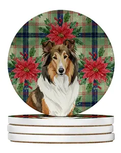 Carolines Treasures WDK8586RCS4 4 x 4 in. Sable Collie Christmas Poinsettias Large Sandstone Coasters, Pack of 4