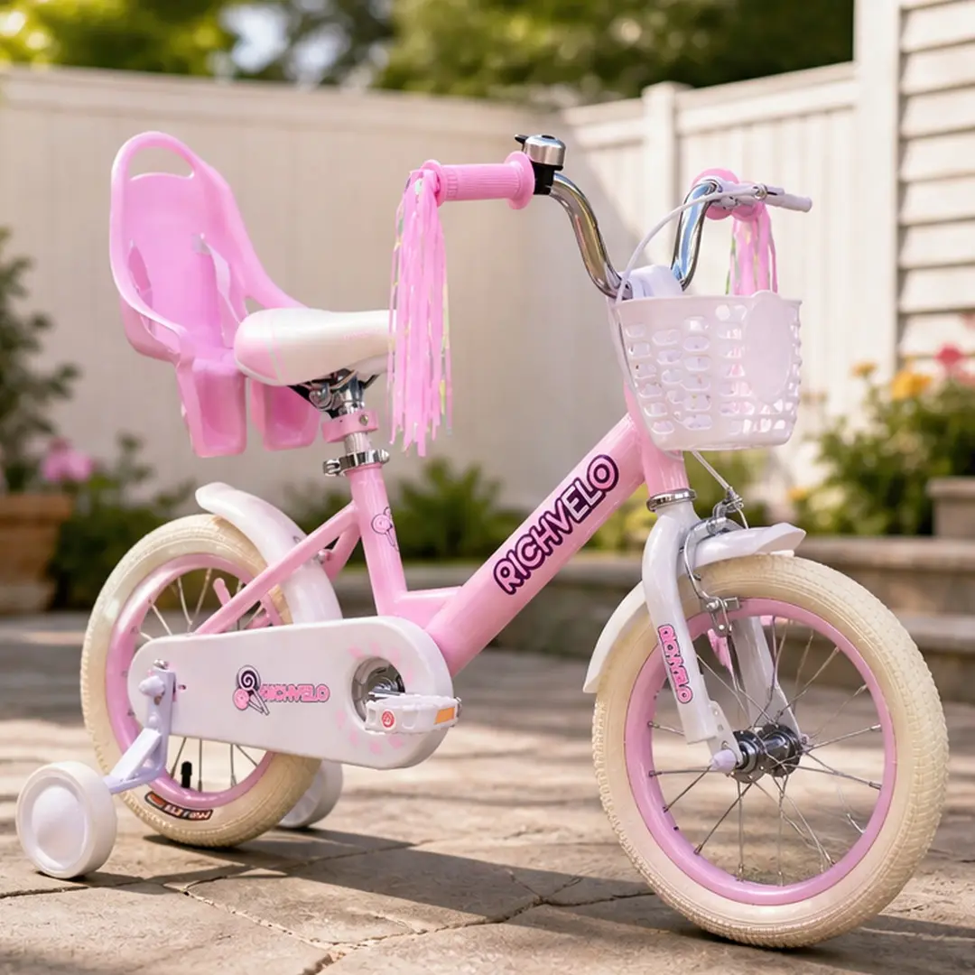 12/14/16 Inch Kids Bike for Girls with Training Wheels, Adjustable Seat, Front Basket, Doll Seat & Streamers, Pink/White Steel Toddler Bicycle for 2-7 Years, Garden Outdoor Cycling Birthday Gift, 12 inch/14 inch/16 inch/Girl Color Options