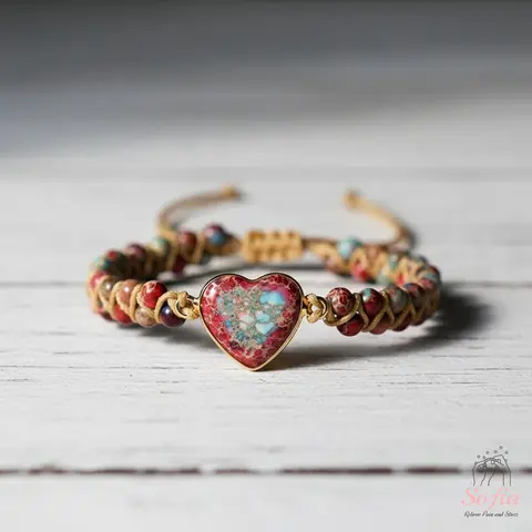 Sofia Natural Jasper Adjustable Bracelet with Heart Charm - Boho Stone, Pretty, Minimalist Style Daily Wear Healing Crystal Jewelry for Adults with Matching Necklace