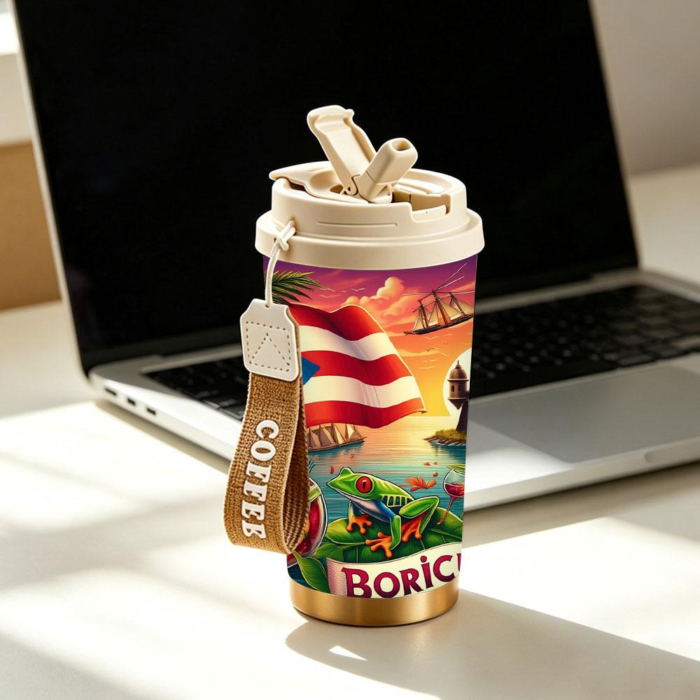 Puerto Rico Boricua Tumbler, Tropical Paradise with Flag, Coqui Frog, Rum Punch, El Morro, Hibiscus, 12/18/20oz Stainless Steel Insulated Cup, Keeps Cold/Hot for Hours, Ideal Gift for Puerto Rican Lovers