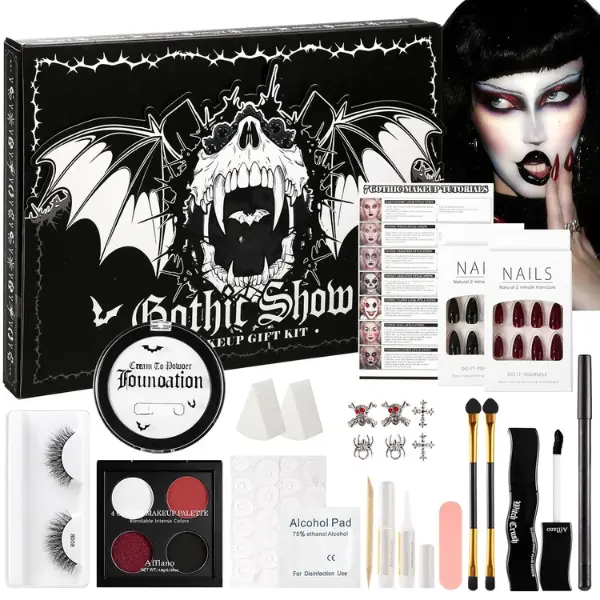 Goth Makeup Kit for Adults, Complete Gothic Halloween SFX Makeup Set with White Foundation, Red Eyeshadow, Black Lipstick, Eyeliner, Eyelashes & Nails for Vampire, Witch, Clown, Emo, Grunge & Cosplay