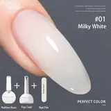 【Buy 2 Save 10%】PERFECT COLOR 12ml Rubber Base Gel with Top Coat & Nail File, 4 in 1 Builder Base Nail Strengthener for Thin Weak Nails, Self-Leveling Long Lasting Soak-Off UV/LED Gel, Milky White