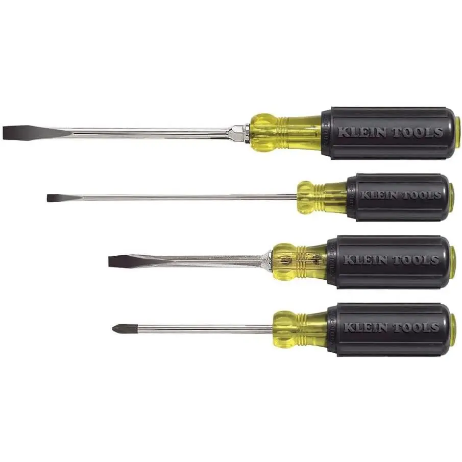 Tools & Hardware 4-Piece Flat-Head Slotted Screwdriver Set 85105, Plated Steel, Cushion Grip Handles, Tip-Ident Mark for Hand Tool Applications