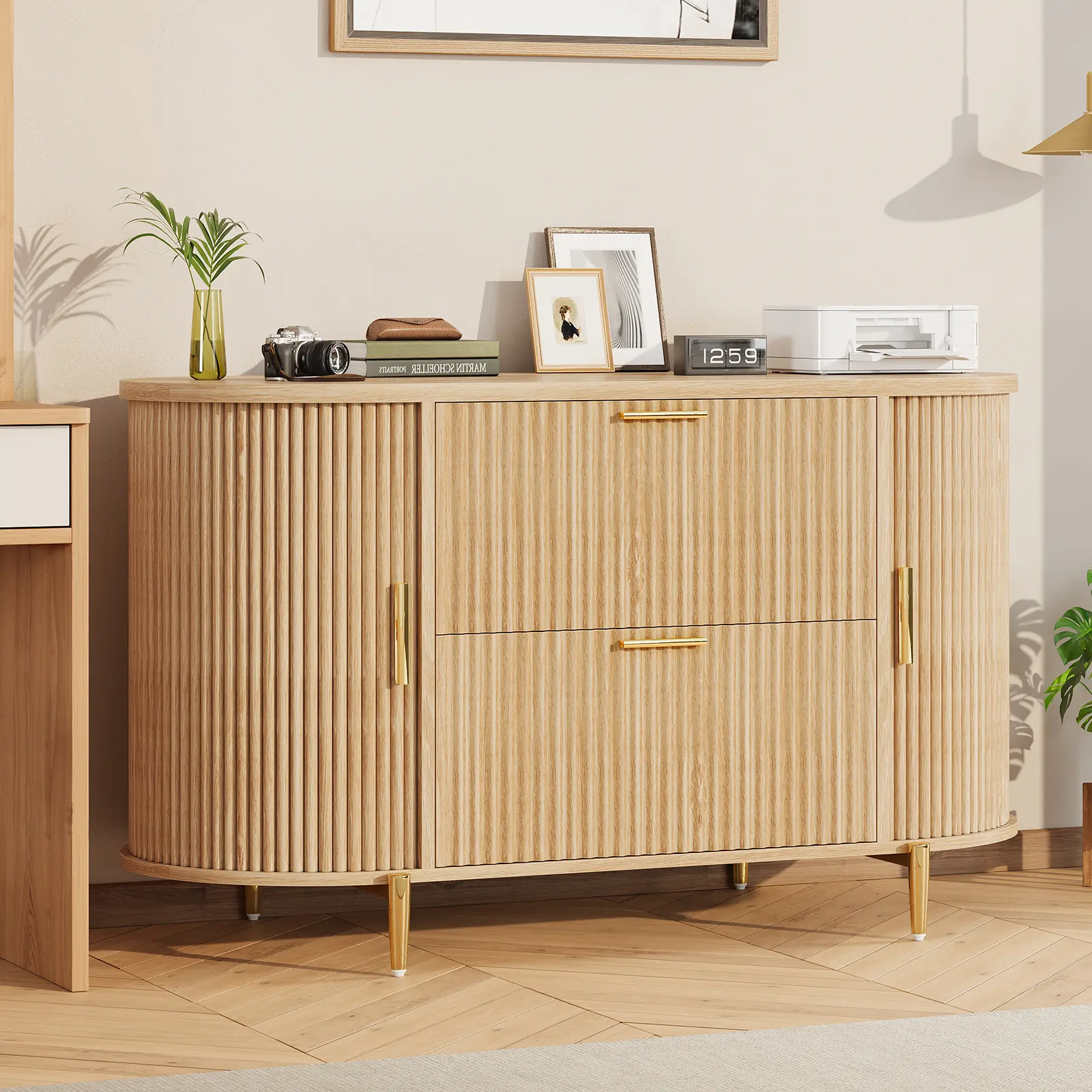 Sedeta 2-Drawer Wood Filing Cabinet - 39.4in Long Home Office Printer Stand with Sliding Doors, Durable Floor Organizer for A4, Legal, Letter Documents, Modern Fluted Unit for Living Room, Assembly Required