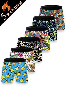 Random Men's Cartoon Print Boxer Briefs Set, Breathable Comfortable Underwear for Daily Wear, Casual Men's Underwear for All Seasons