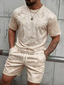 Men’s summer new set: knitted short-sleeve printed top + comfortable casual beach shorts, geometric pattern, fitted cropped length, short sleeves, Menswear, Shortsleeve