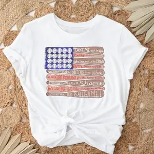 Stylish baseball and American flag pattern, crew neck short-sleeved top