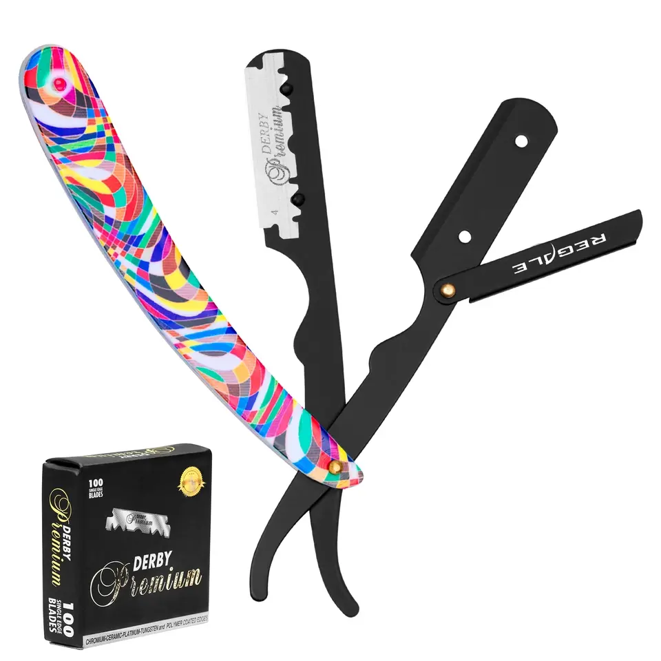 Regale Barber Supply Straight Razor - Vibrant Abstract Grip Handle, Matte Black Stainless Steel Shavette, Metal Blade Razors Shaving Tool for Professionals, Clean & Precise Shaves, Compatible with Half-Double Edge Razorblade