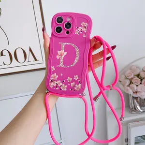 Convenient Lanyard Phone Case with Adjustable Strap and Crossbody Shoulder Strap, Letter D and Floral Flowers, Tpu Anti-Drop Protection