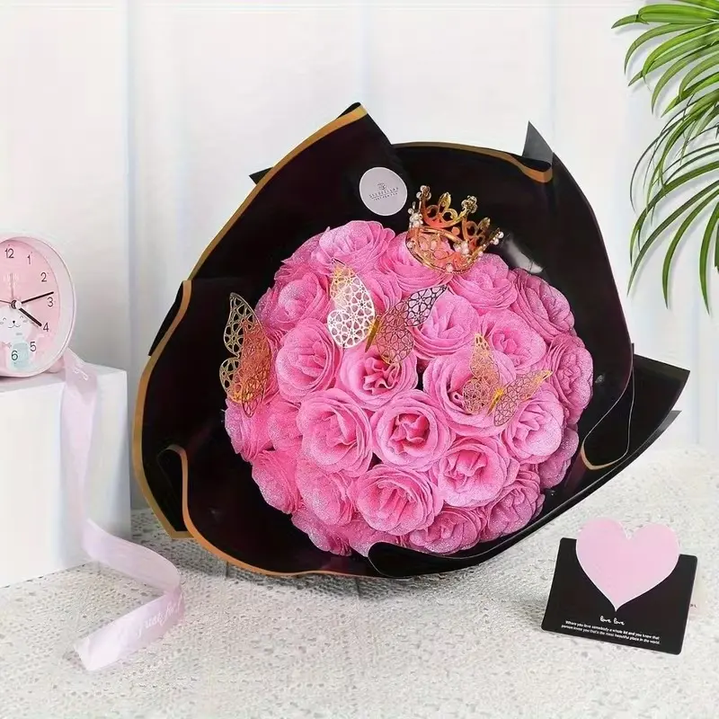 A Set of 25 Glittery Rose Bouquets, Complete with 3D Butterflies, Wrapping Paper, Crowns, And Cards, Ideal for Gifts on Birthdays, Engagements, And Thanksgiving summerwins