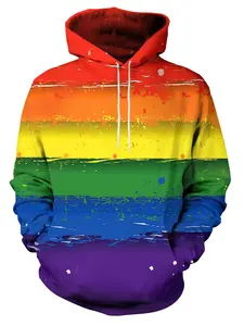 Men's Fashion Rainbow Flag Gradient 3D Hoodie, Casual Long Sleeve Pullover, 100% Polyester Knitted Fabric, Medium Stretch, Overall Print, Regular Version, Four Seasons Hooded Sweater, 200g/m ²