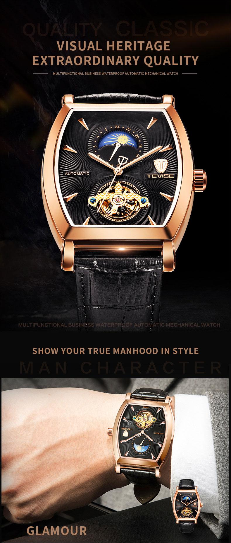 Luxury Men's Mechanical Watch, Tonneau Case, Moon Phase Dial, Genuine Leather Business Watch