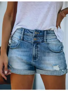 Women's Distressed Denim Shorts, Medium Wash, Flared Hem, Slim Fit, Turn-Down Design, Dual Button Front, Zip Closure, Casual Daily Wear