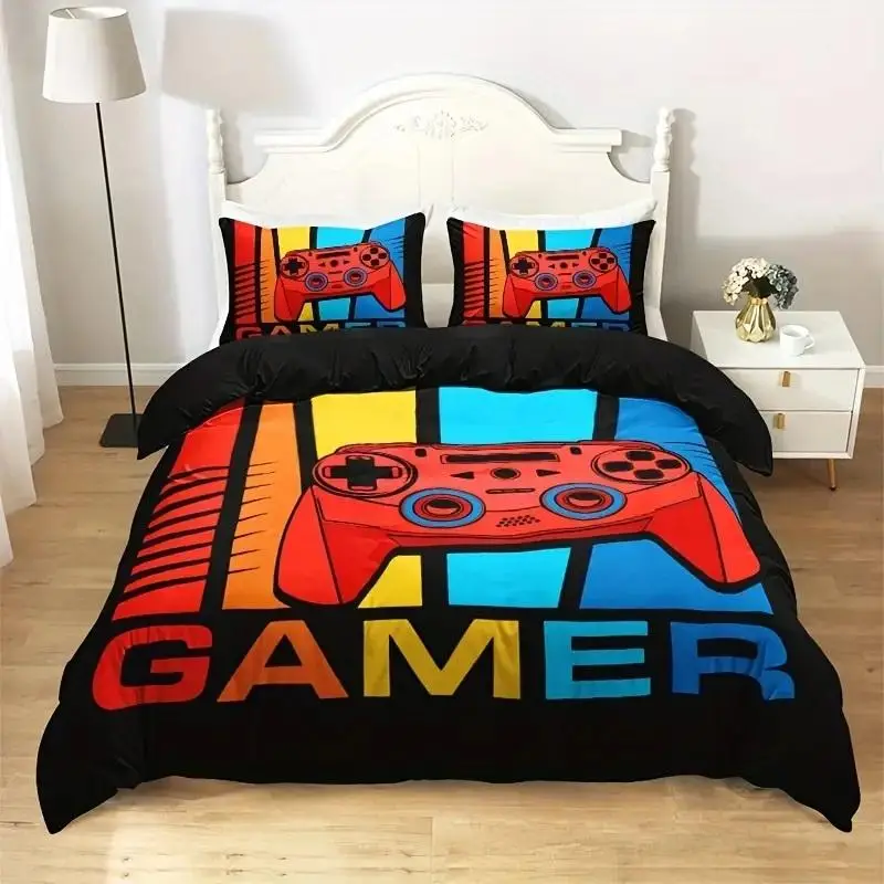 Modern Duvet Cover Set, 2/3 Counts Game Controller Print Duvet Cover & Pillowcase without Filler, Soft Comfortable Bedding Set for Home Bedroom