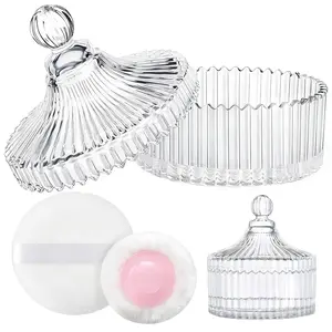 Large Body Powder Puff and Container, 2 Large Powder Puffs, Crystal Powder Container with 3.93" Puff for Baby Women, Dusting Powder Container with Puffs for Women, Bath, Home Use (4″ Pure)