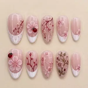 Handmade Cherry Blossom Press On Nails, 3D Ladybug Art, French Tips Jelly Nails