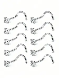 10 Pcs Stainless Steel Hoop Nose Rings, 3mm Zircon Claw Nose Jewelry, Punk Style Piercing Accessories, Unisex Daily Wear, All Seasons, Nose Rings Hoops