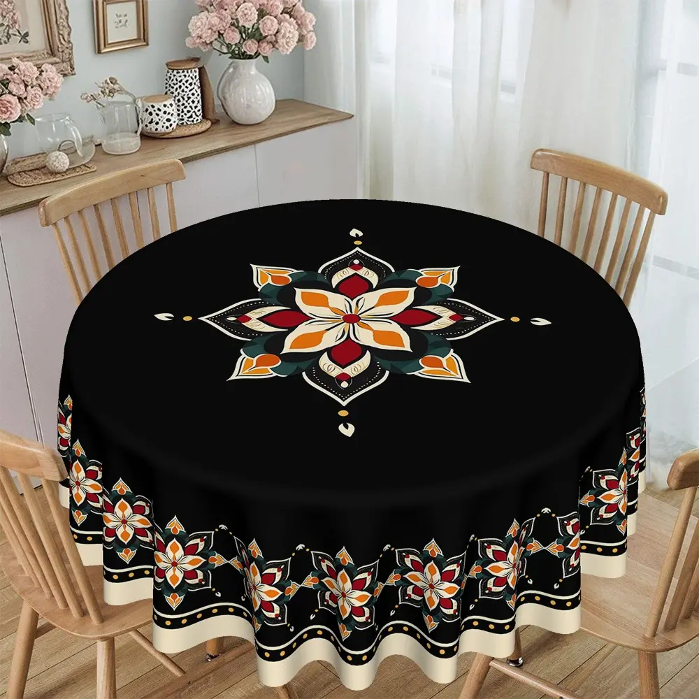 Chinese Style Base Flower Round Tablecloth, 120g/m² Polyester, Durable Furniture Protector, Party Decor, Hotel, Restaurant, Home, Kitchen Use