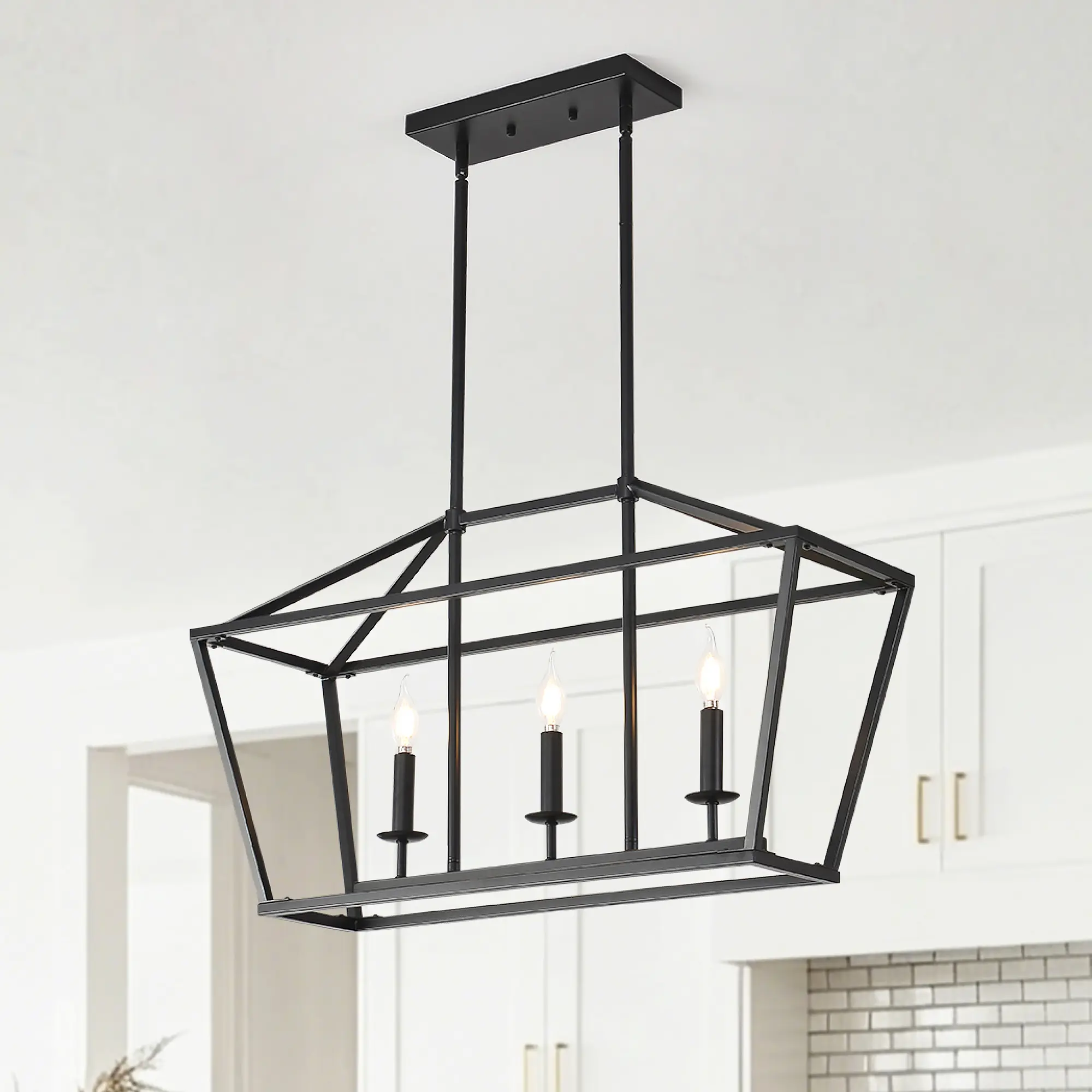 3-Light Farmhouse Matt Black Chandelier Light Fixture, Adjustable Hanging Ceiling Light for Dining Room Kitchen