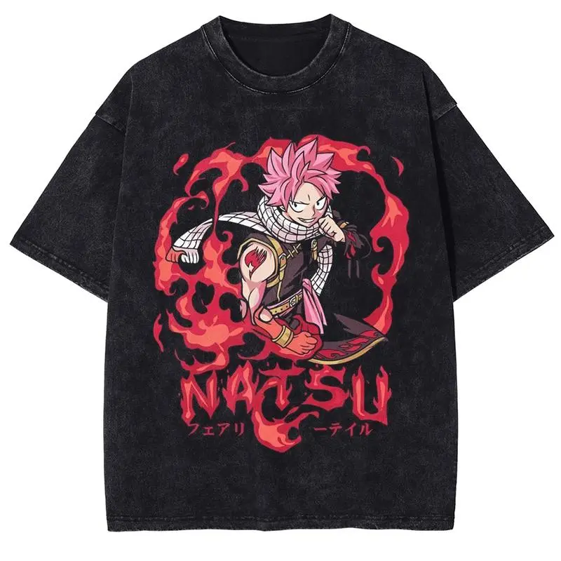 Men's Fairy Tail Graphic T-Shirt - Vintage Washed Distressed Cotton Tops, Fitted Figure Round Neck Shortsleeve Casual Manga Sportswear, Festival‑Ready Tee