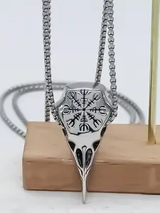 Hiphop Skull Pendant Necklace, Nordic Gothic Raven Headbone Chain, Stainless Steel Helm of Owe Bird Head Necklace, Men's Accessory