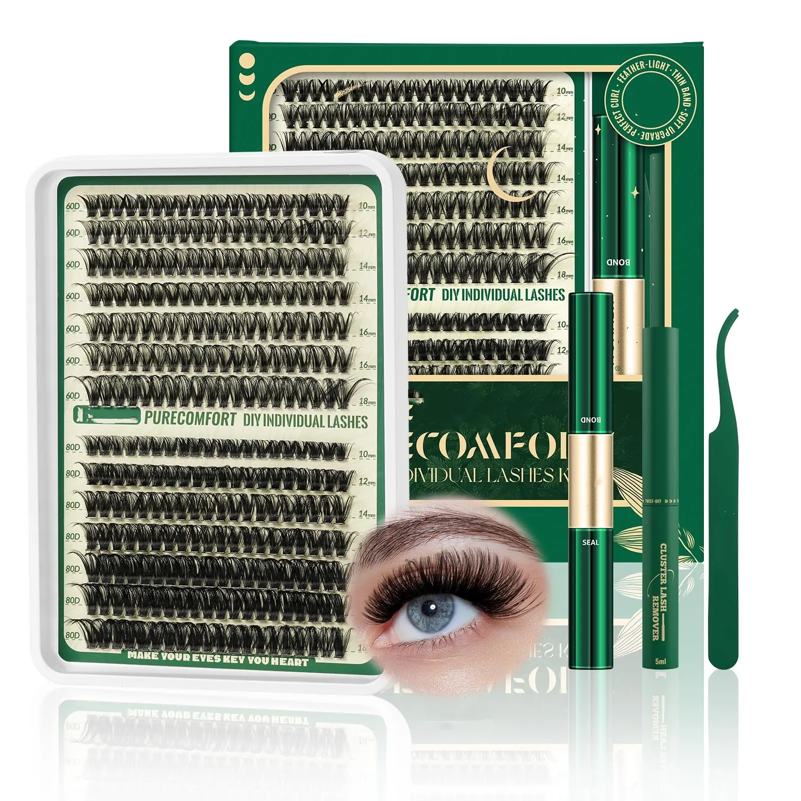 Lash Clusters Kit DIY Lash Extension Kit 280pcs Soft Lash Clusters 60D+80D D Curl Easy to Apply with Bond and Seal Applicator Remover Eyelash Extension Kit at Home(RMkit-60D80D-D-10-18mix)