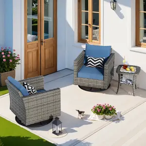 【Summer Vibes】Ovios 3-Piece Outdoor Patio Furniture Set with Swivel Rocking Chairs and Side Table, All-Weather PE Wicker Conversation Bistro Set with Cushions for Backyard Porch Deck Garden Poolside Balcony Seating