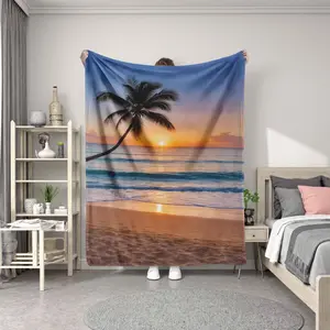 Hawaiian Ocean Wave Palm Tree Blanket, Soft Plush Throw Multifunctional Blanket for Bed Sofa Summer Beach Air Conditioned Rooms, Cozy Home Decor, Decorative Giftable Blankets