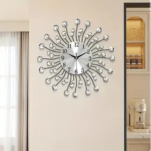 New Modern Crystal Sunburst Wall Clock - Quiet Operation Silent Sweep Movement Modern Metal Art Design - Ideal Gift for New Homeowners Versatile Decor for Multiple Rooms Battery Operated Round
