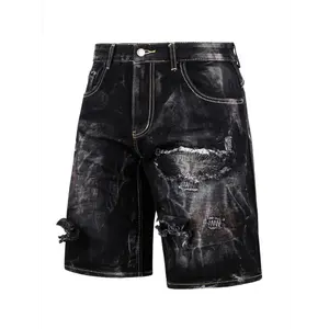 Men'S Water-Washed Ripped Denim Bermuda Shorts - Casual Straight-Leg Knee-Length with Embroidered Five-Pocket Design, Blend, Streetwear Style, Wear | Trendy Durable Fabric Menswear Polyester