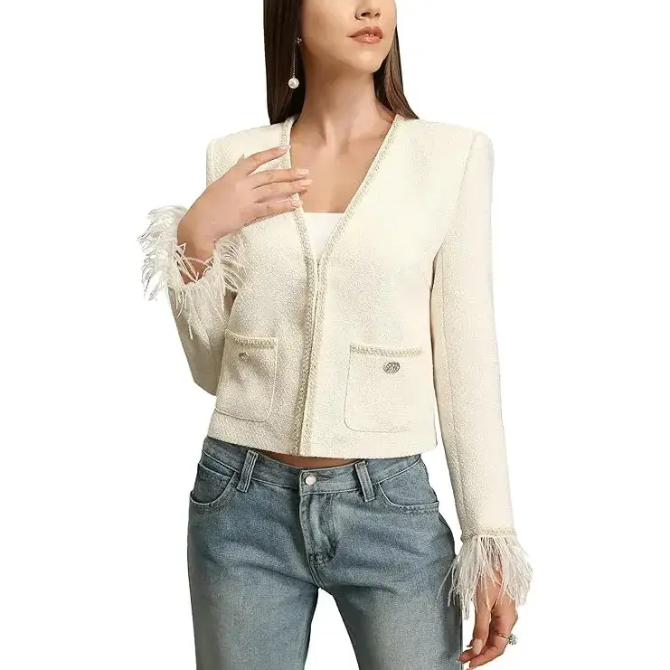 Women's Vintage Tweed Cropped Jacket with Feather Tassel Cuffs, a Collarless V-Neck Long Sleeve Cardigan for Dressy Office Wear, Lady, Fitted, Longsleeves, Full Sleeves, Solid Plain, Deep V-Neck, Cropped Length