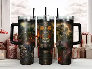 Warhammer 40K Vulkan Primarch of the Salamanders 40oz Insulated Stainless Steel Tumbler - Epic Horus Heresy Space Marine Fire Art Travel Mug with Handle & Straw - Perfect Grimdark Gift for Tabletop Gamers