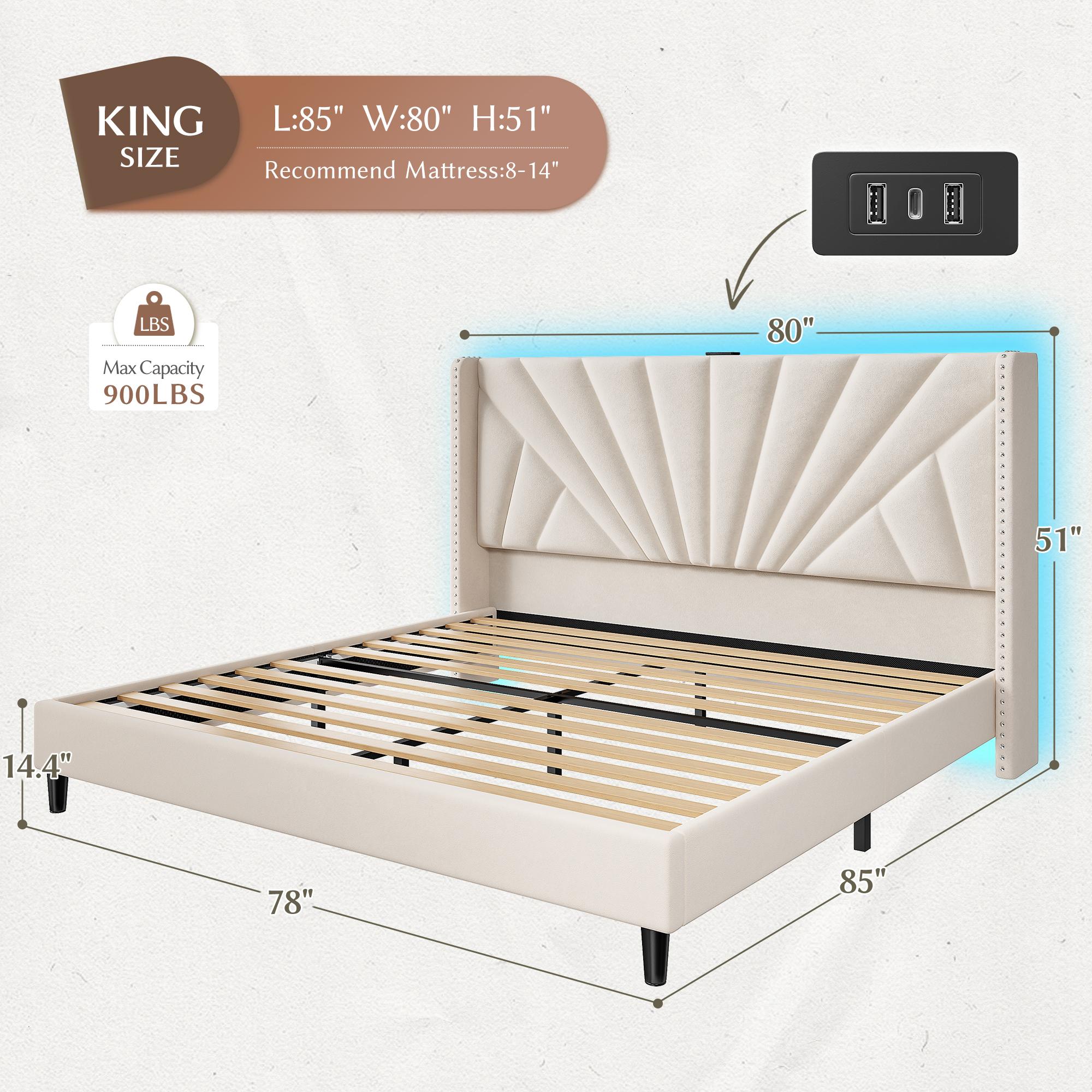 Solid Wood Queen/King Size Bed Frame with 51" Velvet Upholstered Headboard, up to 900 LBS Foundation with All Sturdy Metal Support,Headboard with Charging Station and LED Lights, Wingback Headboard, No Box Spring Needed, Noise-Free,Easy Assembly