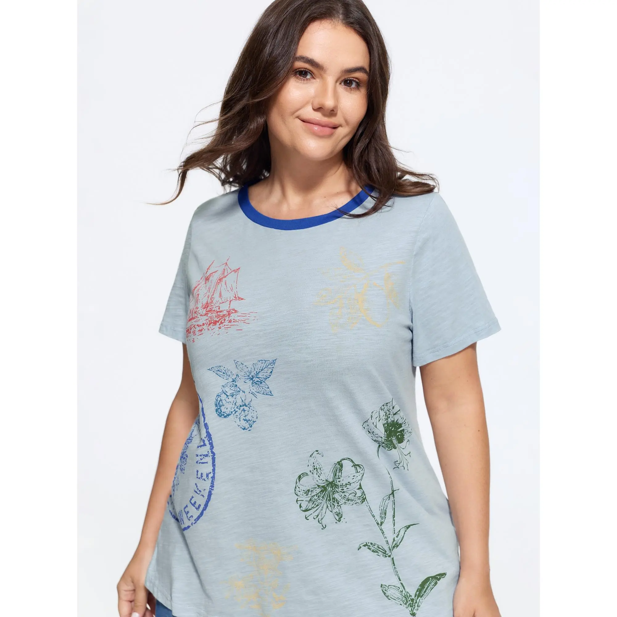 BLOOMCHIC Plus Size Cotton Crew Neck Plant Print Loose T-Shirt[M-6X] Summerfinds