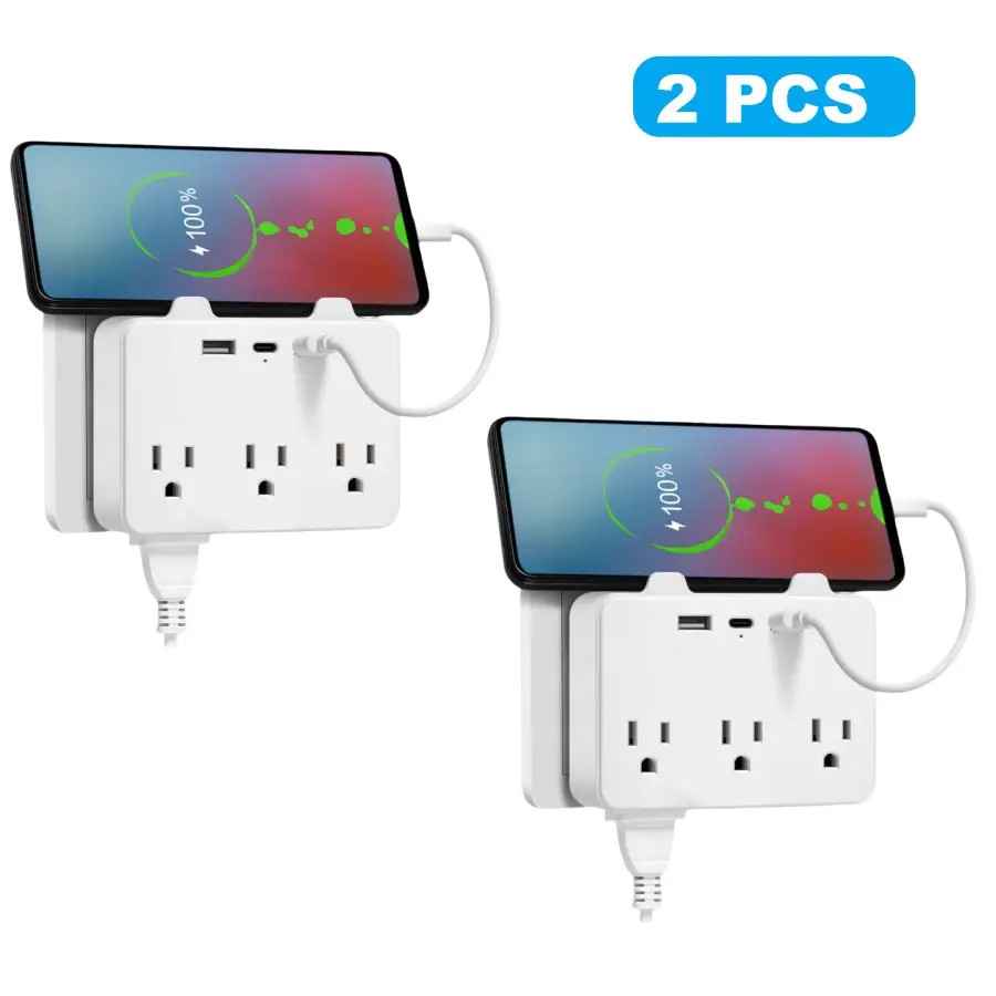 2pack-9-In-1 Multi Plug Strip Extender with USB, Wall Strip Distributor with 3 USB Ports (1 USB C) And 6AC, Wall Charger Adapter Power Strip for Offic