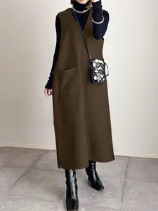 ZANZEA Women's Basic Solid V-Neck Sleeveless Vest Dress - Womenswear with Pocket Design, Spring-Fall Wear for Casual Daily Use, Ladies Accessories-Compatible Outfit, Everyday