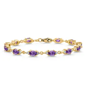 18K Yellow Gold Plated Silver Purple Amethyst and White Moissanite Tennis Bracelet For Women (6.31 Cttw, Gemstone Birthstone, Oval 6X4MM, 6.5, 7, 7.5 Inch)