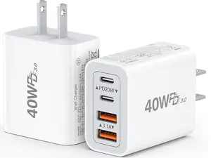 [2-Pack] 40W USB C Charger Cube, Wall Plug Fast Charging Block, 4-Port PD+QC Power Adapter Multiport Brick Type C Box for iPhone 17/16/15/14/13/12/11/Pro Max/XS/XR/8/7, Tablets, Samsung