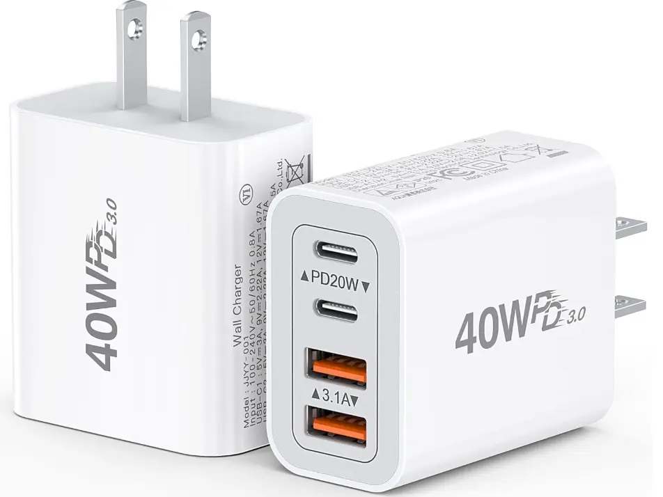 [2-Pack] 40W USB C Charger Cube, Wall Plug Fast Charging Block, 4-Port PD+QC Power Adapter Multiport Brick Type C Box for iPhone 17/16/15/14/13/12/11/Pro Max/XS/XR/8/7, Tablets, Samsung