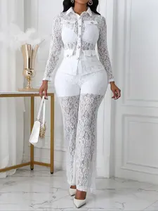 Women's Floral Lace Button Front Jacket & High Waist Pants 2 Piece Sets, Chic, Sheer Long Sleeve Collared Top & Straight Leg Pants for Vacation Holiday Party, Ladies Clothes for All Seasons, Co-ord Sets for Women, Matching Sets, Fall outfit