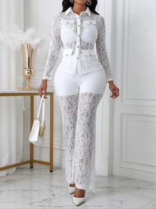 women's floral lace button front jacket & high waist pants 2 piece sets, elegant sheer long sleeve collared top & straight leg pants for vacation holiday party, ladies clothes for all seasons, co-ord sets for women, matching sets, fall outfit