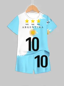 Boys Argentina Messi No. 10 Short Sleeve Set, World Cup Champion Football Fan Two-Piece, Asymmetrical Design, Casual Style, Tee Shorts Set