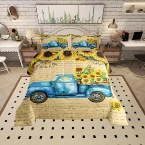 Vintage Sunflowers Comforter Set,Kids Blue Truck Pattern Decor Bedding Set for Girls Teens,Rustic Farmhouse Comforter Autumn Decor Quilt Set