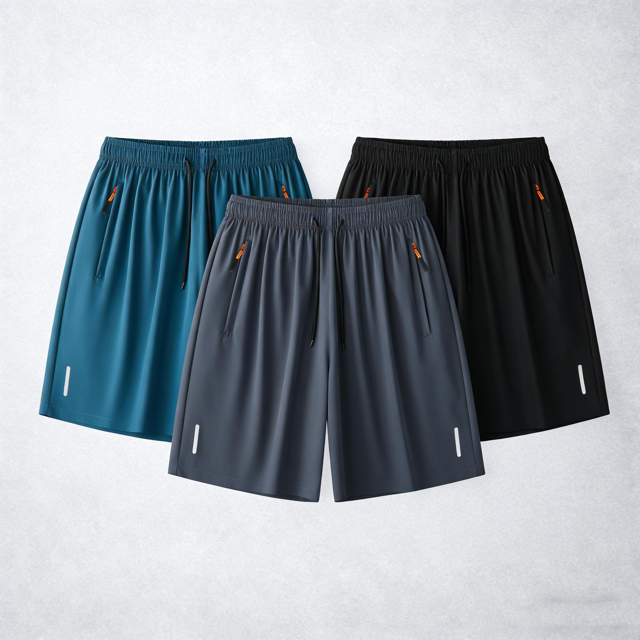 7-pack men’s ice silk quick-dry athletic shorts featuring zippered pockets and contrasting zipper head design; breathable, lightweight ice silk summer shorts for fitness, running, and casual wear—an essential for workouts and comfortable for home wear in