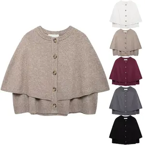 HVEWARM Knit Cape Cardigan for Women Oversized Knit Sweater Cropped Button Short Sleeve Shawl Sweater Poncho Fall Winter Layered Top