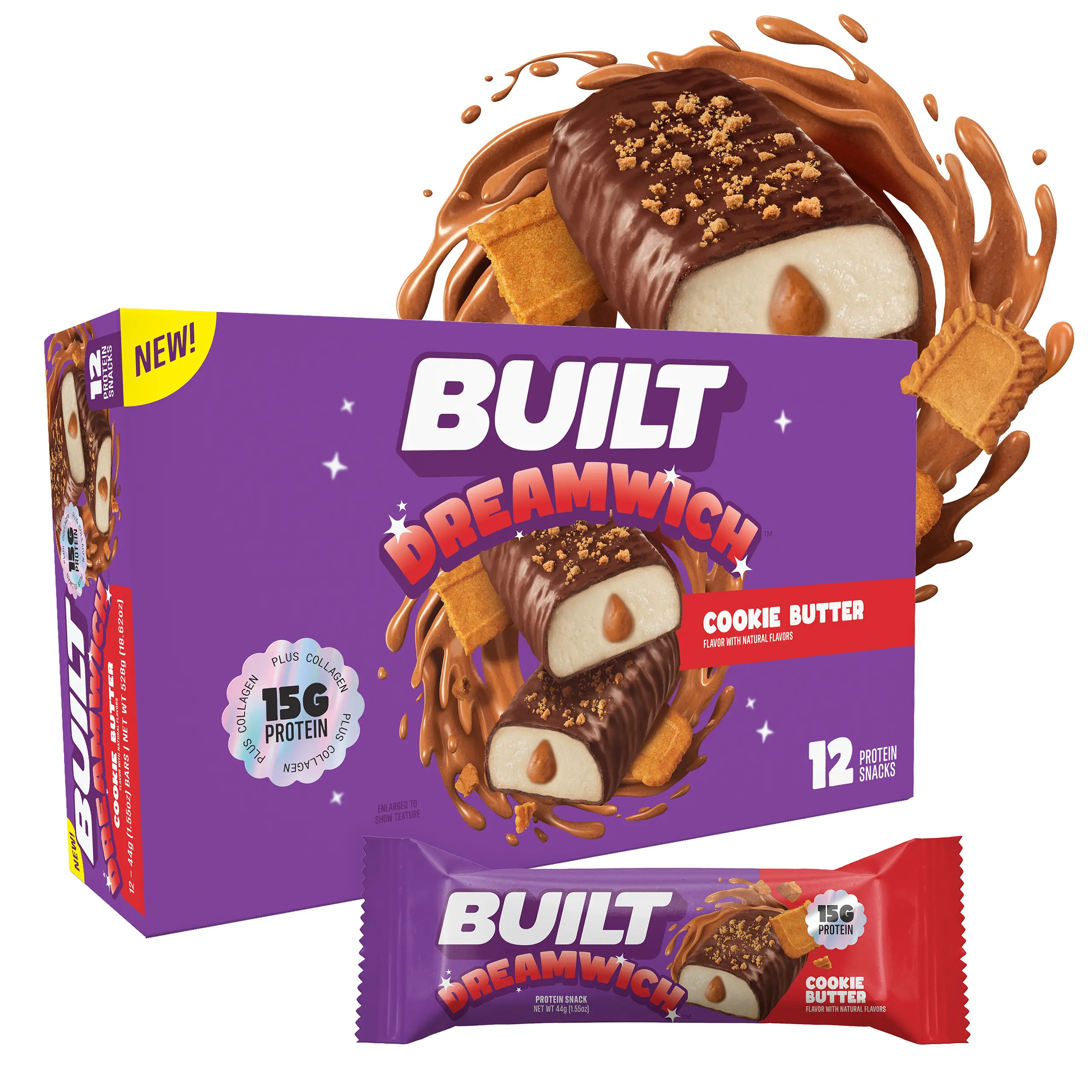 Official BUILT Bar, Dreamwich Protein Bars, Cookie Butter, 15g Protein Snacks, 170 Calories, 9g Sugar, Collagen