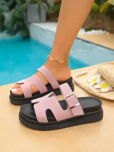 Women's Summer Sandals, New Large Size Slip-Ons, Thick Sole Buckle Strap, Plain Color European Style, Casual Beach Slippers, Breathable Platform Sandals