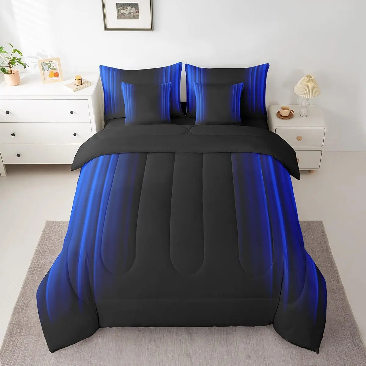 Geometric Abstract Ombre Comforter Set with Sheets,Teens Dark Blue and Black Striped Bedding Bed Set,Decor Modern Fashion Bed in A Bag Microfiber