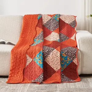 Quilted Throw Blanket 59x79 Inch, Burnt Orange Patchwork Quilt, Lightweight Microfiber Fall Quilt Bedspread for Twin Size Bed Sofa Couch